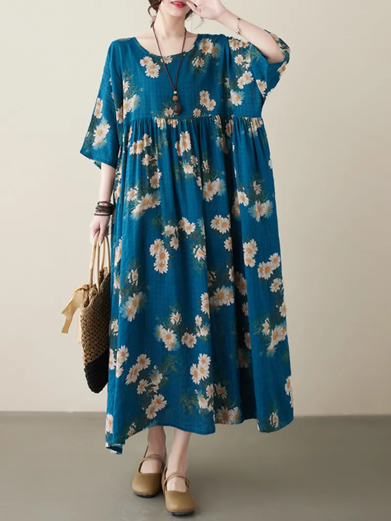 All You Need Women's Cotton Round Neck Floral Smock Dress