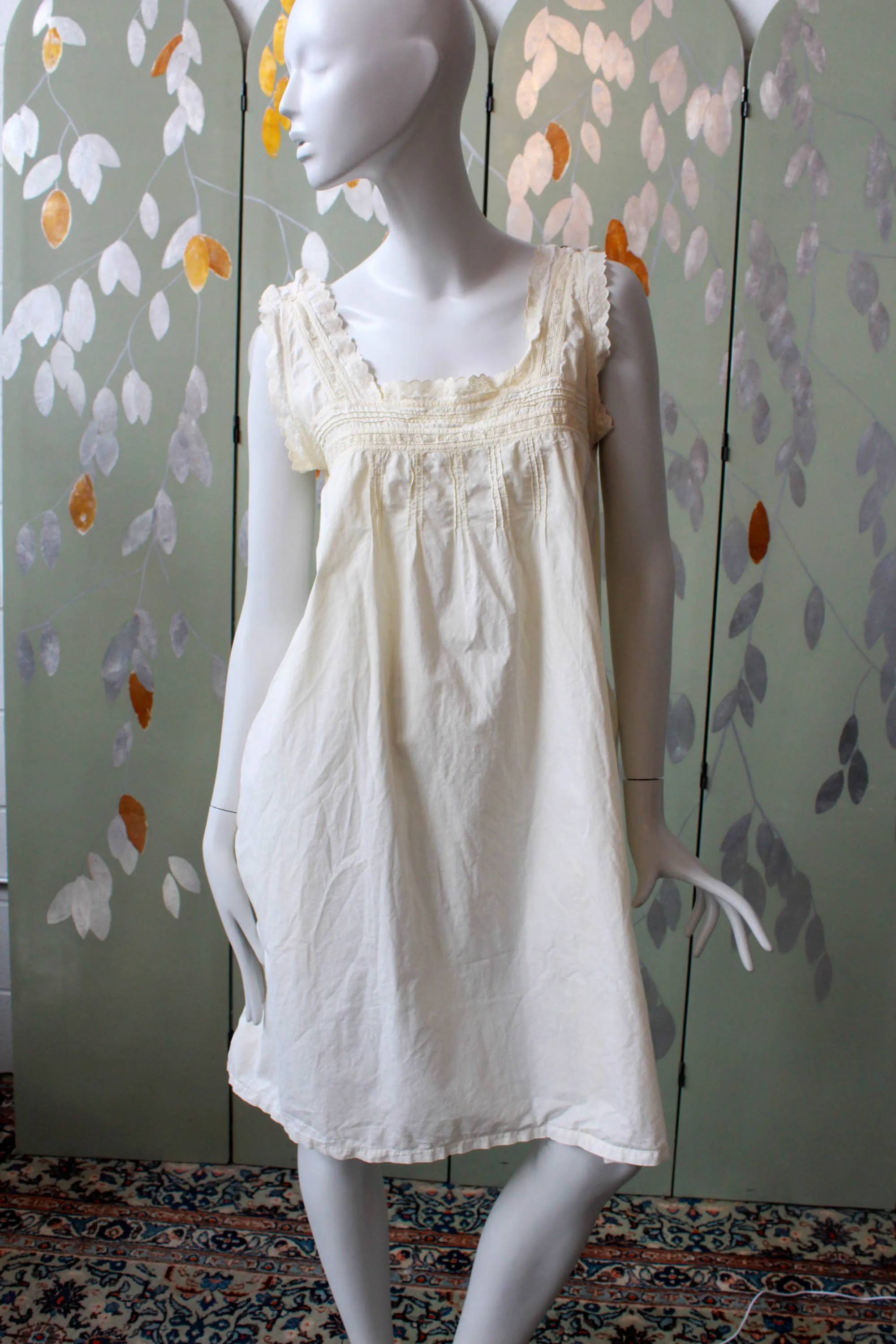 Antique White Cotton Nightgown with Circle Eyelet Trim, Large