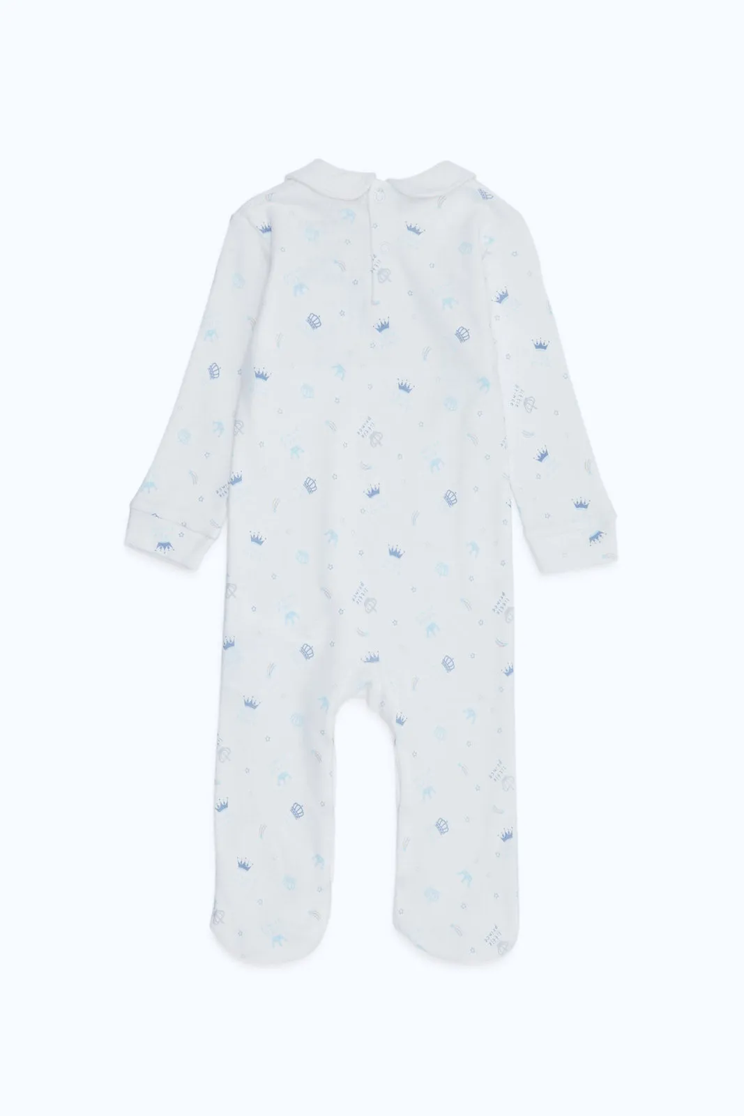 Baby Boy White Prince Printed Blue Crown Sleepsuit