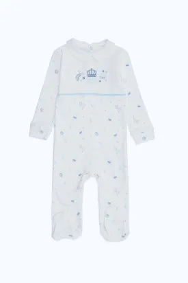 Baby Boy White Prince Printed Blue Crown Sleepsuit