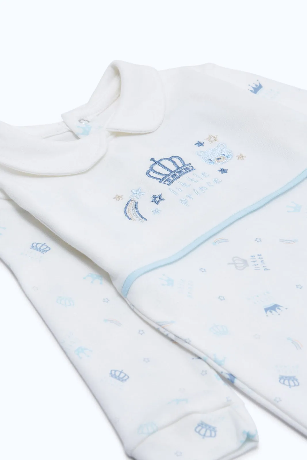 Baby Boy White Prince Printed Blue Crown Sleepsuit