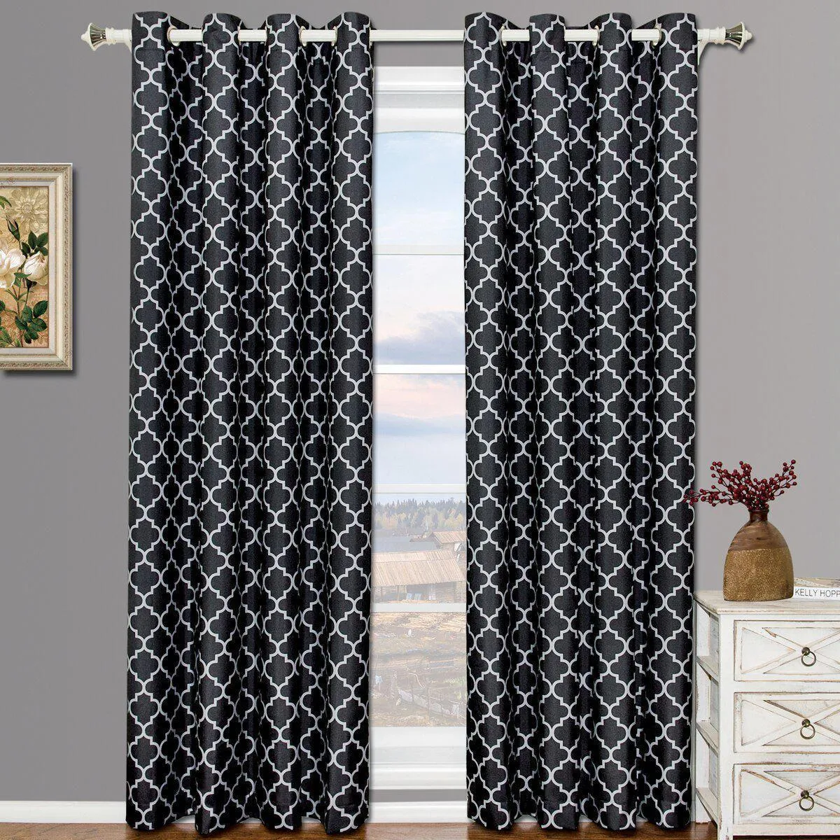 Black & Gray Meridian Thermal Grommet Room-Darkening Curtains (Set of 2 Panels)