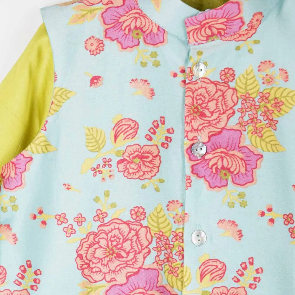 Blue Floral Printed Nehru Jacket With Green Kurta & Pajama