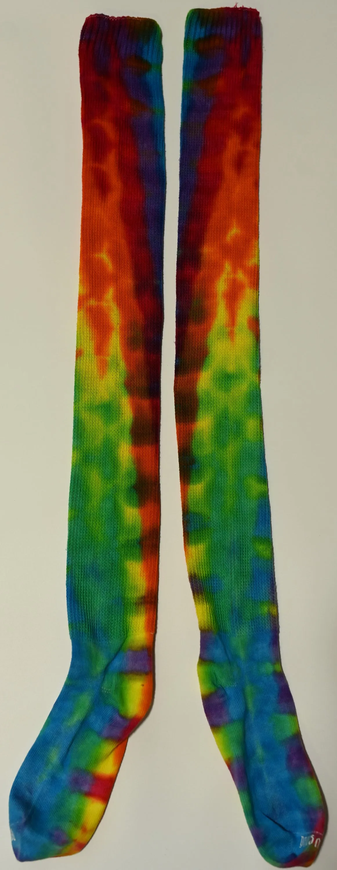 Colorful Trippy Weaver Tie Dye on a Pair of Dharma Trading Company Cotton Blend (89% Cotton/9 Nylon/2 Spandex) Thigh High Socks