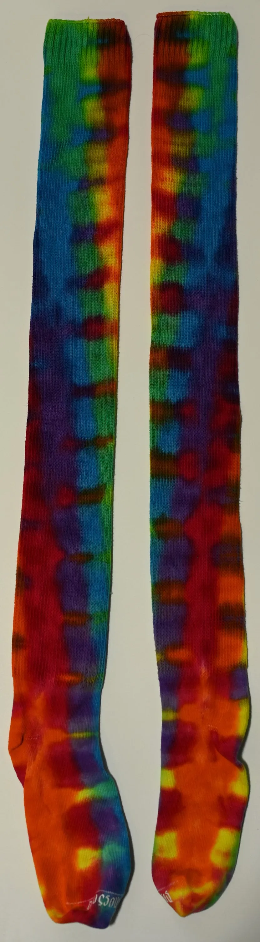 Colorful Trippy Weaver Tie Dye on a Pair of Dharma Trading Company Cotton Blend (89% Cotton/9 Nylon/2 Spandex) Thigh High Socks