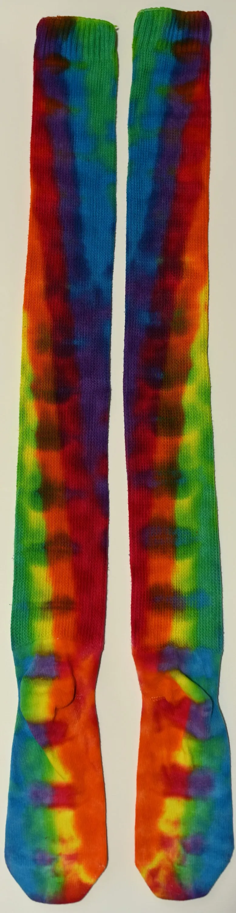 Colorful Trippy Weaver Tie Dye on a Pair of Dharma Trading Company Cotton Blend (89% Cotton/9 Nylon/2 Spandex) Thigh High Socks