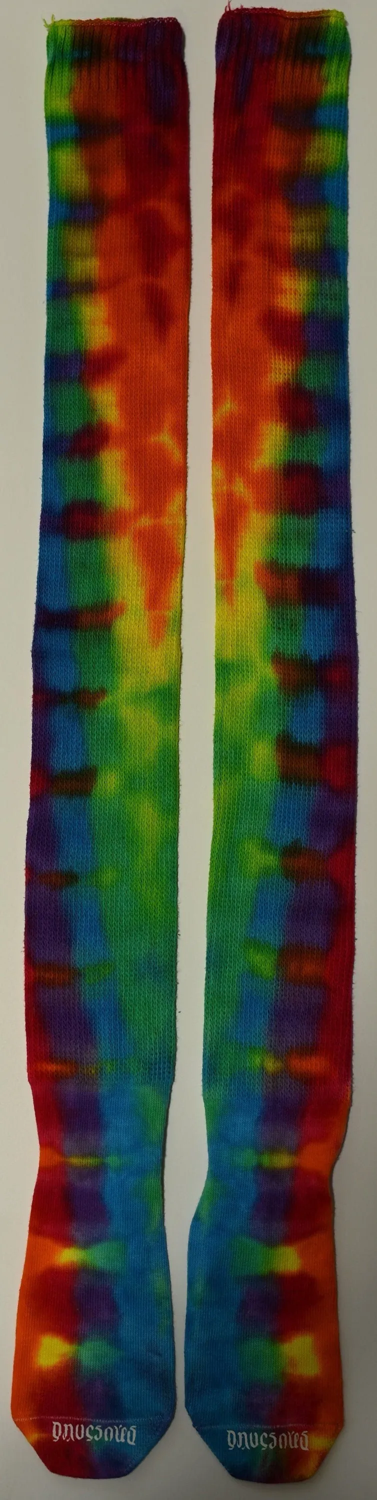 Colorful Trippy Weaver Tie Dye on a Pair of Dharma Trading Company Cotton Blend (89% Cotton/9 Nylon/2 Spandex) Thigh High Socks