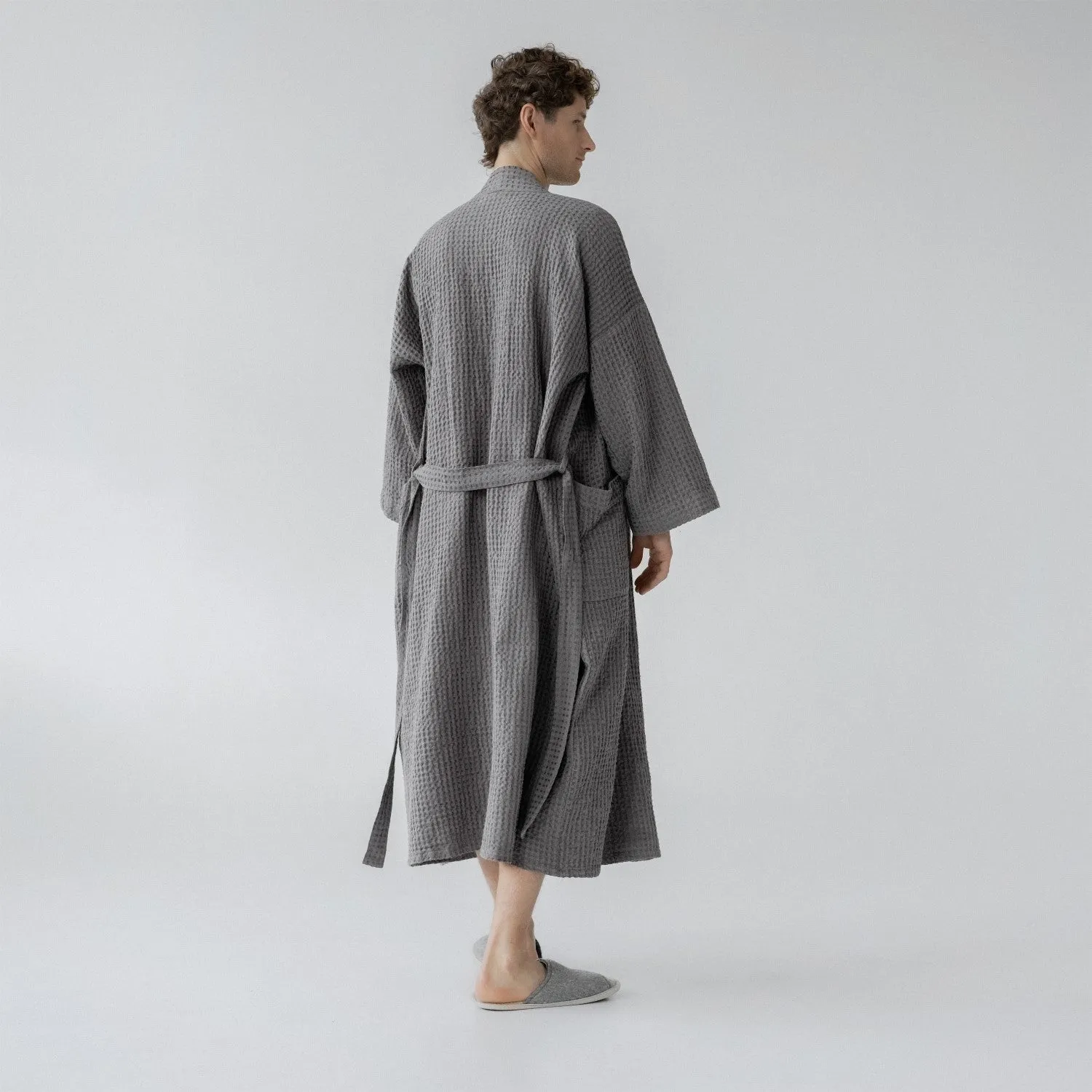 Dark Grey Linen & Cotton Waffle Bathrobe