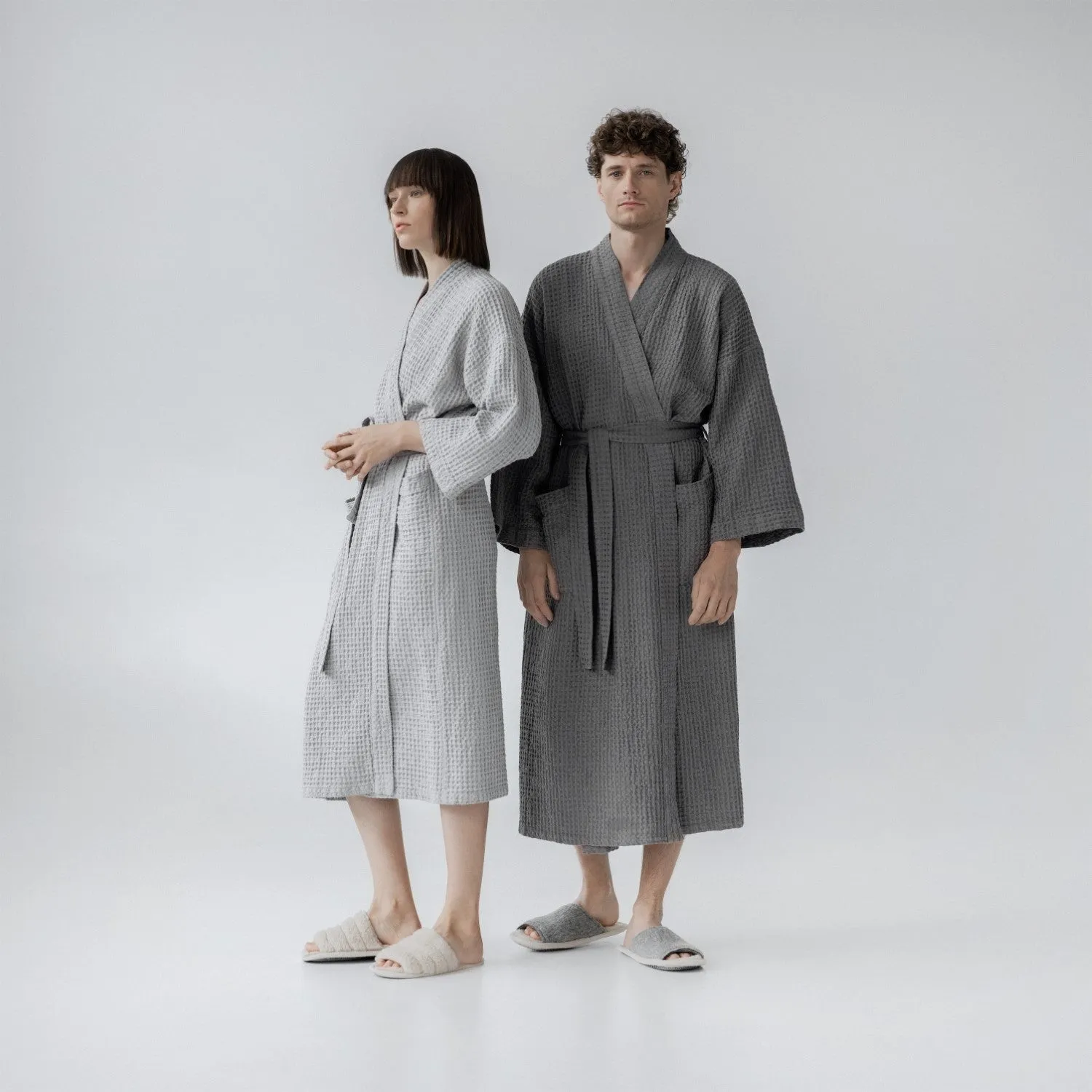 Dark Grey Linen & Cotton Waffle Bathrobe