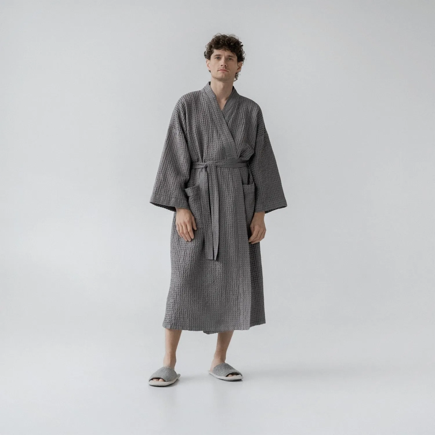 Dark Grey Linen & Cotton Waffle Bathrobe