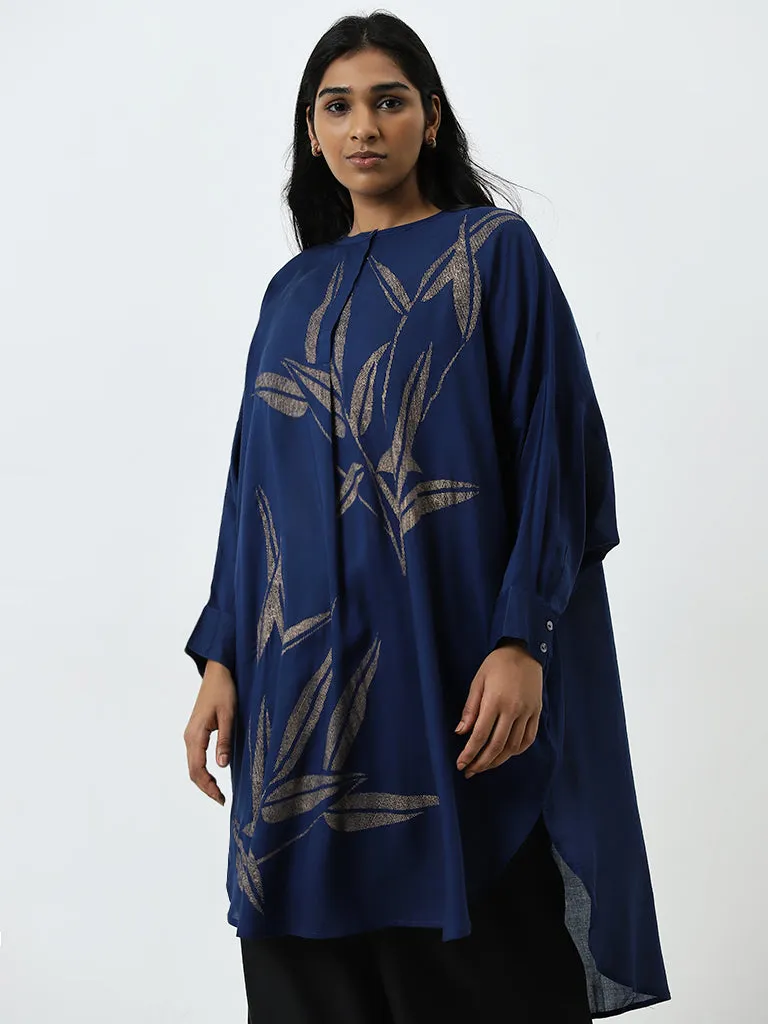 Diza Blue Leaf Design High-Low Kurta