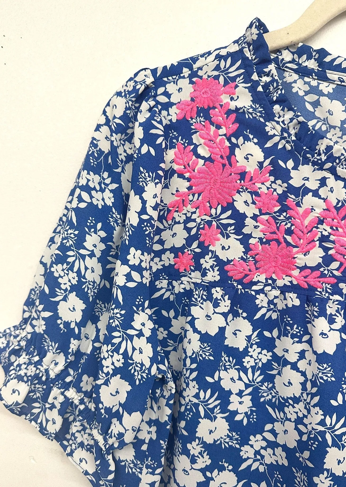 Floral Embroidery Ruffle Neck Top in Blue ~FINAL SALE