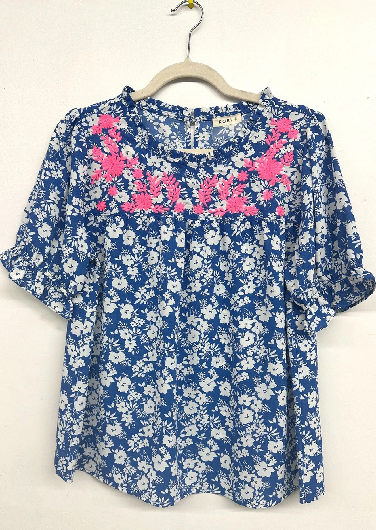 Floral Embroidery Ruffle Neck Top in Blue ~FINAL SALE