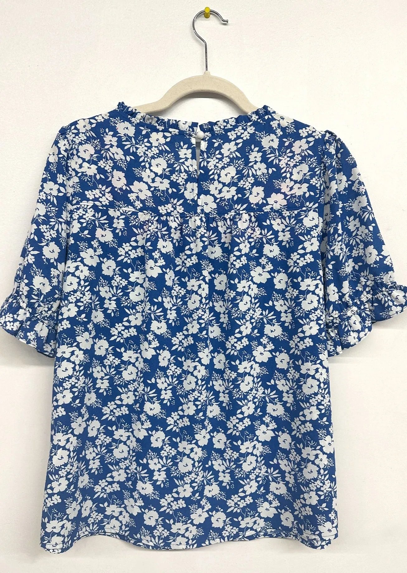 Floral Embroidery Ruffle Neck Top in Blue ~FINAL SALE