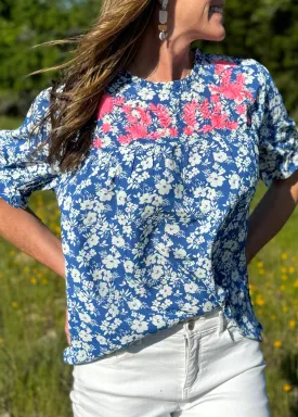 Floral Embroidery Ruffle Neck Top in Blue ~FINAL SALE