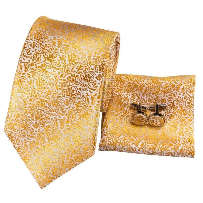 Hi-Tie Gold Leaves Silk Tie Handkerchief Cufflinks Set with Collar Pin