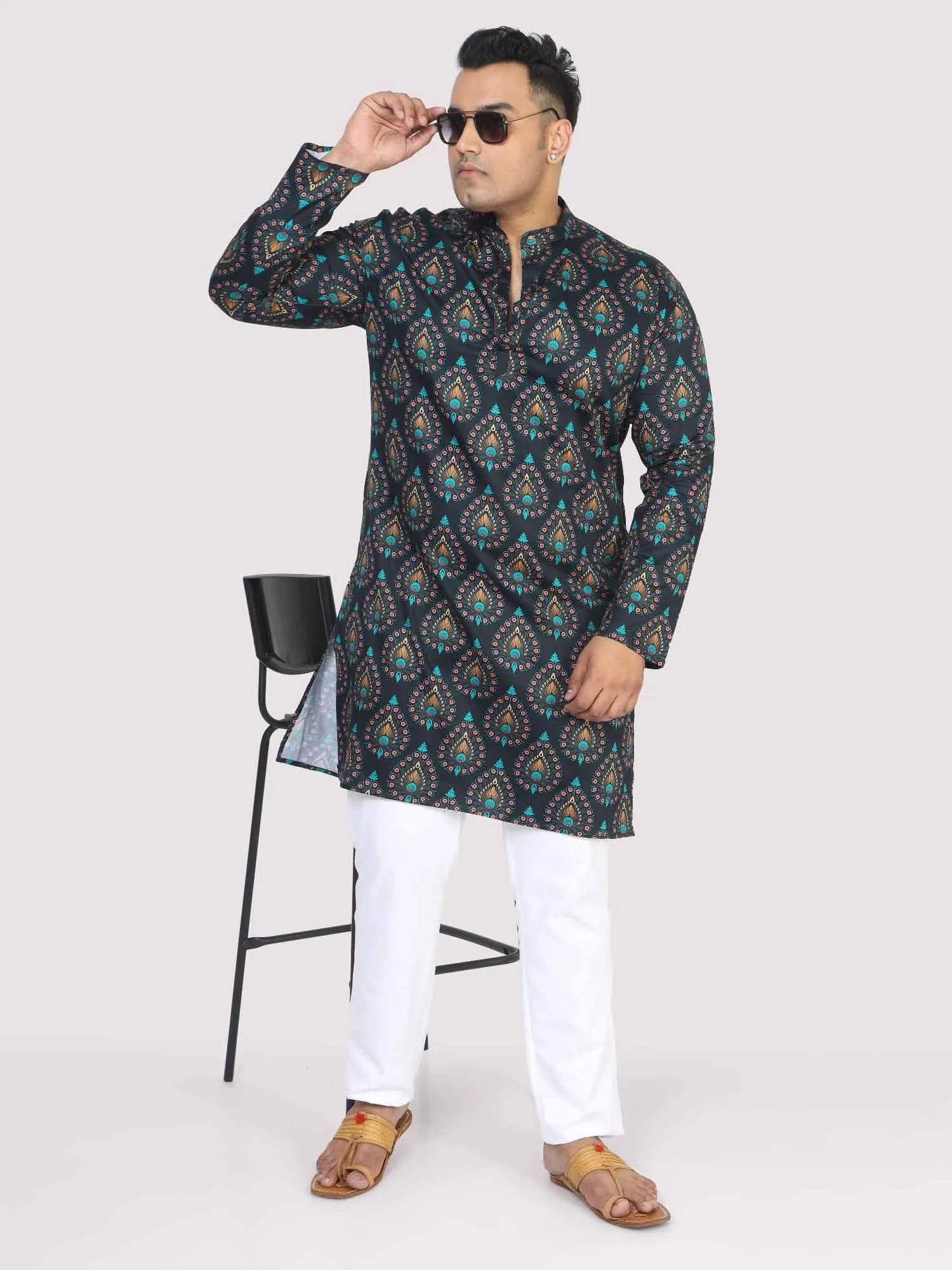 Men Plus Size Black Paisley Digital Printed Kurta