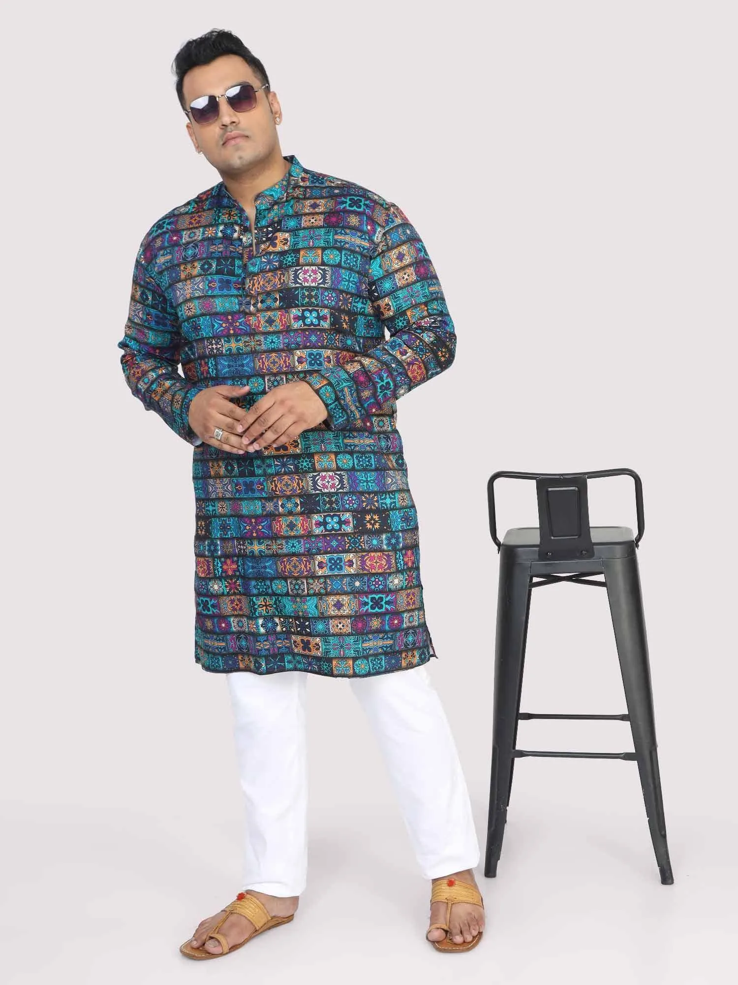 Men Plus Size Blue Royal Digital Printed Kurta Festive