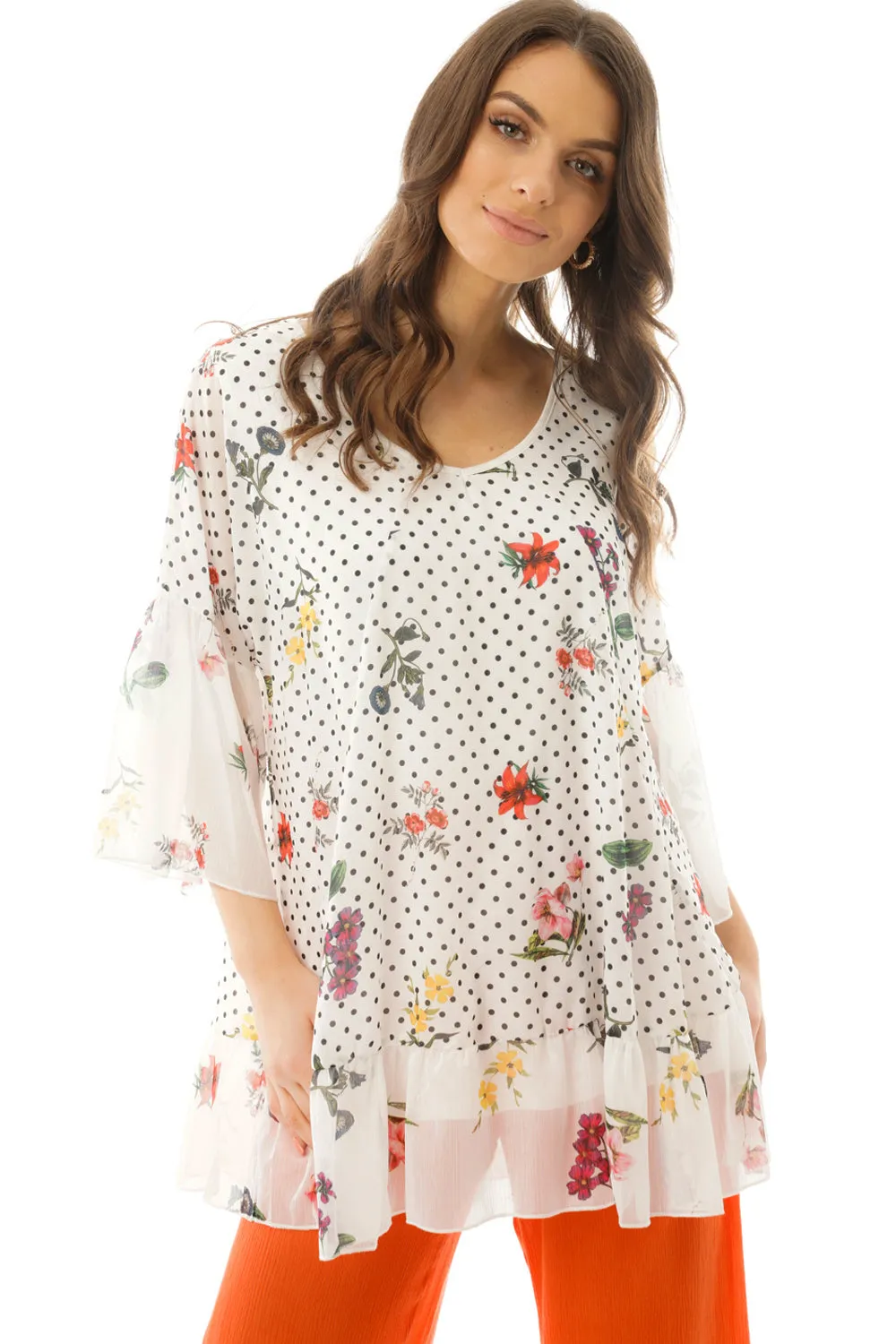 Oversized Floral And Polka Dot Print Floaty Top