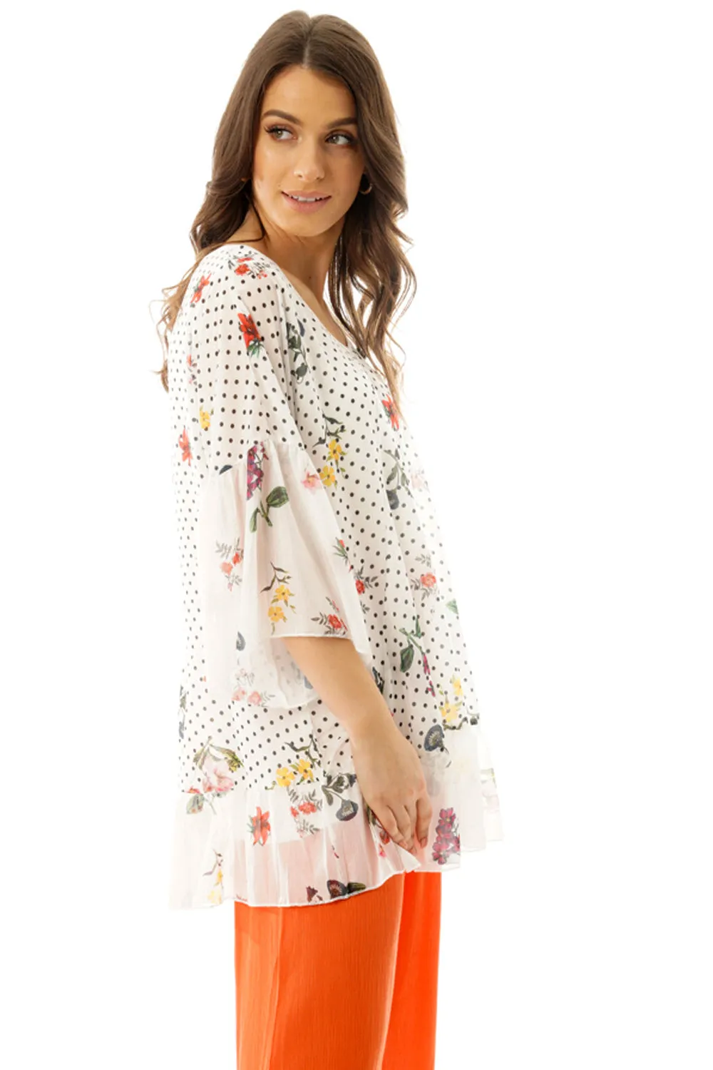 Oversized Floral And Polka Dot Print Floaty Top