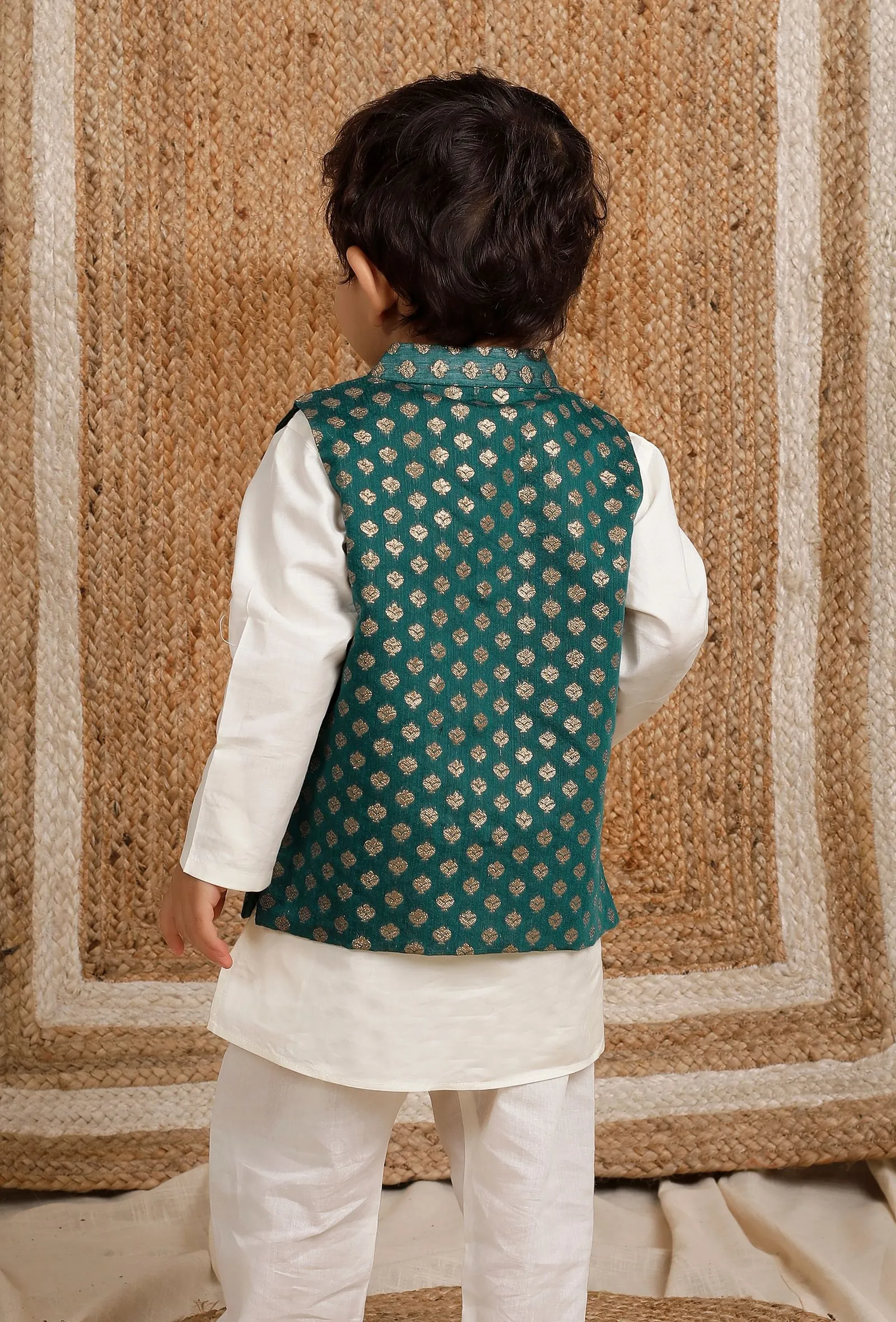 Set Of 3: Off White Cotton Silk Kurta, Pyjama & Emerald Green Brocade Nehru Jacket