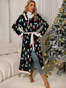 Women's Christmas Lights Tie Waist Hooded Robe