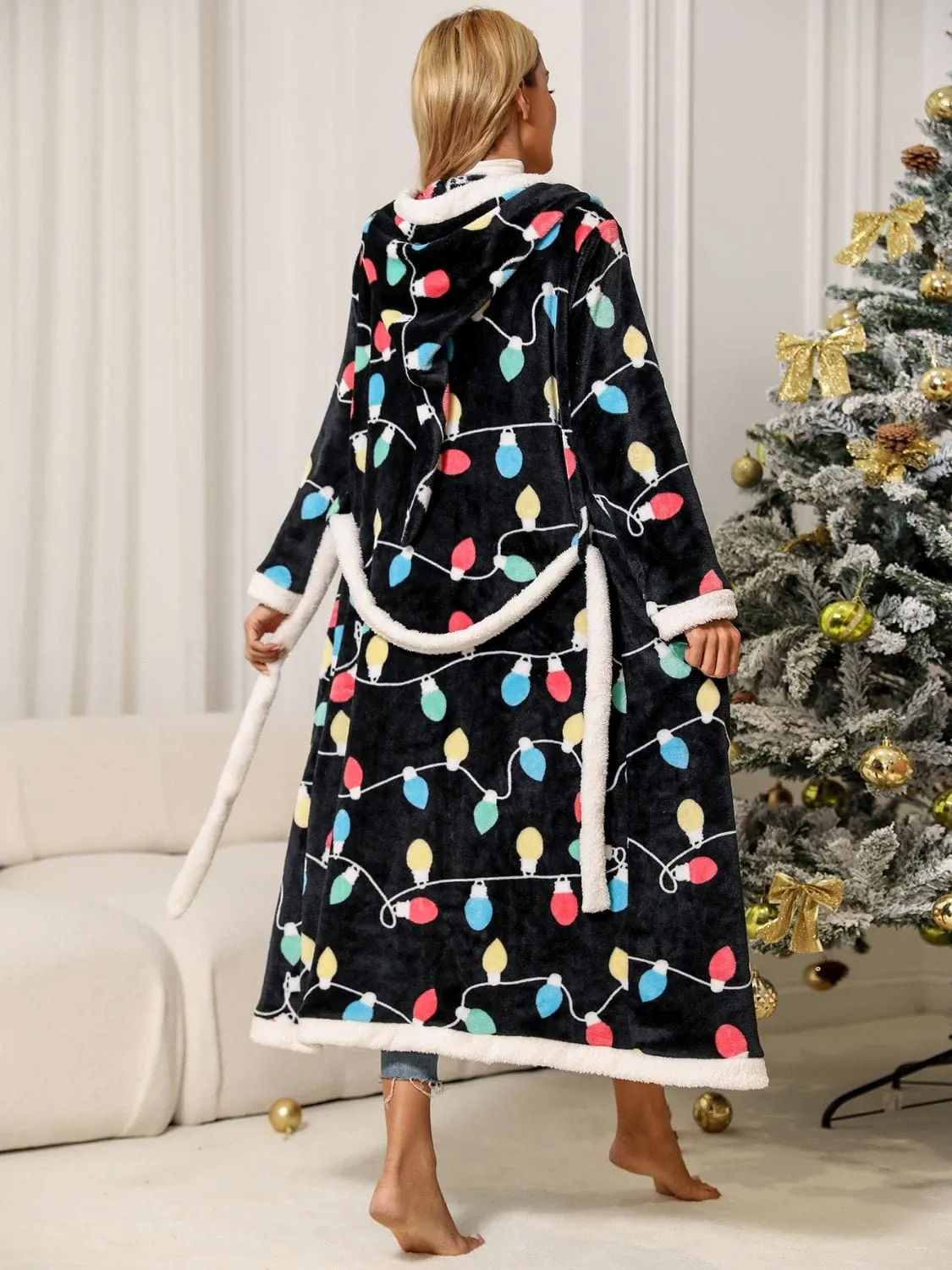 Women's Christmas Lights Tie Waist Hooded Robe