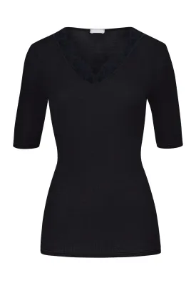 Woolen Lace Fine Ribbed Wool And Silk Fitted Top | Black 70913-019